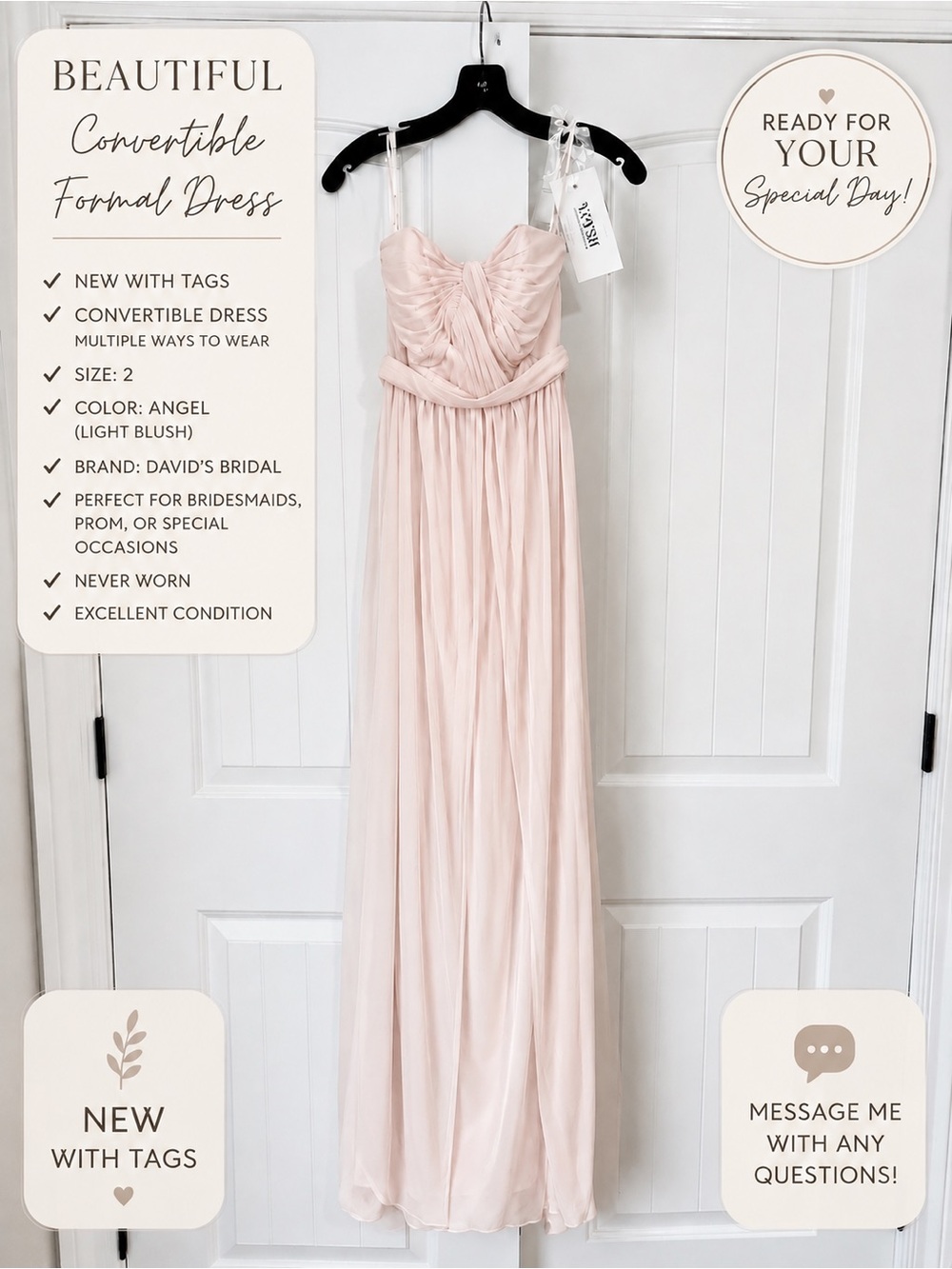 David's Bridal Light Blush Convertible Bride’s Maid Dress